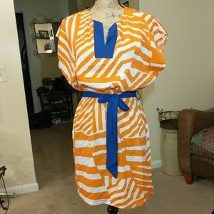 Tunic dress - orange white print - blue trim